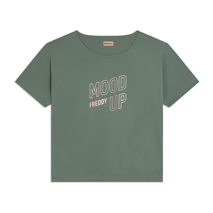T-shirt cropped ampia in jersey tecnico con stampa “Mood Up”