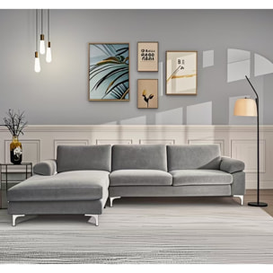 Canapé d'angle gauche 4-5 places en velours gris SOUTH