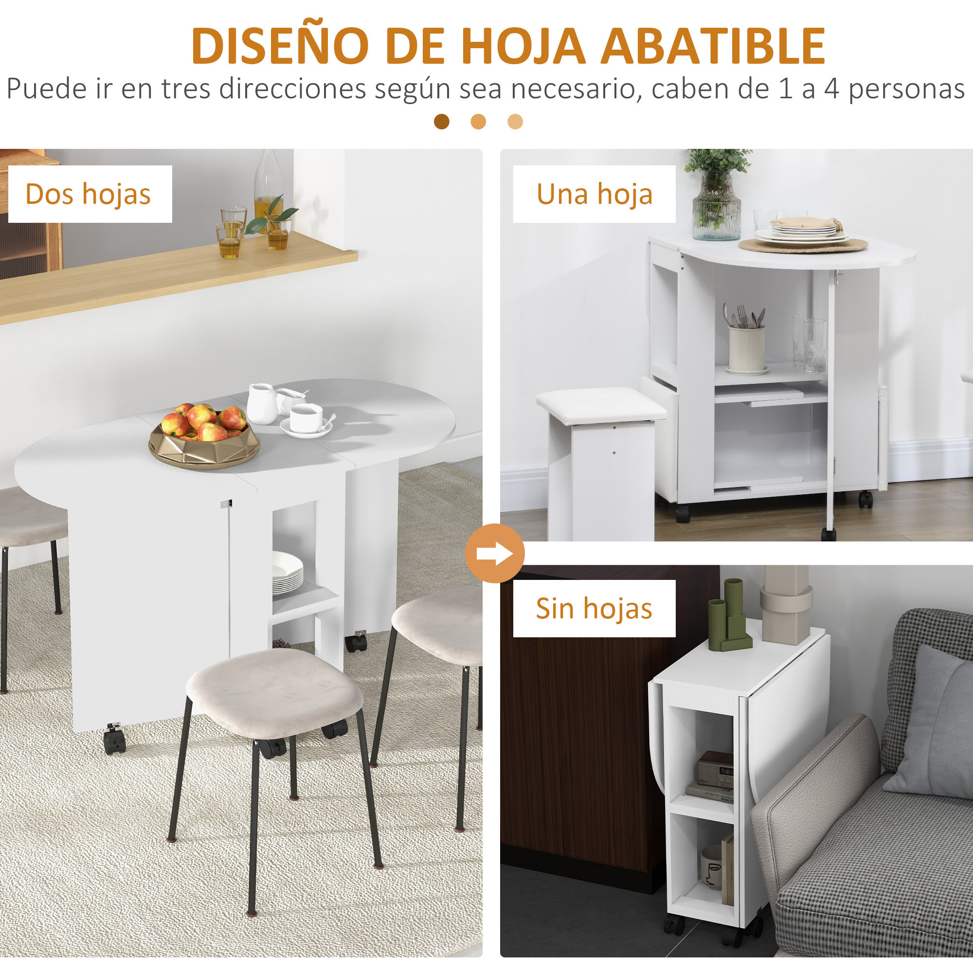 Mesa de Comedor Plegable Mesa de Cocina Moderno con Ruedas Laterales Abatibles y 2 Estantes Abiertos Carga 80 kg 120x60x77 cm Blanco