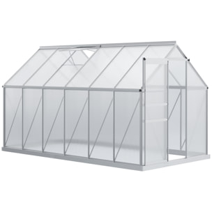 Serre de jardin aluminium polycarbonate 7,12 m² dim. 3,75L x 1,9l x 2H m lucarne réglable fondation porte coulissante