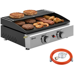 Barbacoa de Gas BBQ Gas con 2 Quemadores 5 kW, Barbacoa Portátil con Plancha, Rejilla Calentadora y Recogedor Grasa, para Camping, Picnic, Terraza, Negro