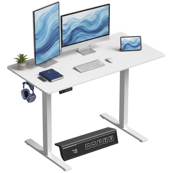 HOMCOM Escritorio Elevable 120x60 cm, Escritorio Eléctrico Regulable en Altura con 3 Alturas de Memoria, Pantalla LED, 2 Ganchos, 2 Pasacables, para Oficina en Casa, Estudio, Blanco