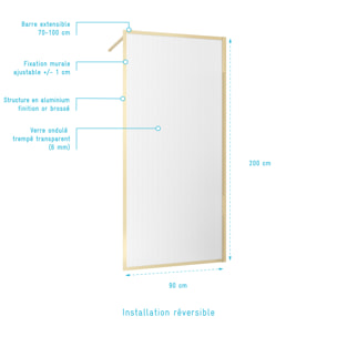 Paroi de Douche Verre Ondulé 6 mm - 90x200 cm - Cadre et Bras Aluminium Or Brossé