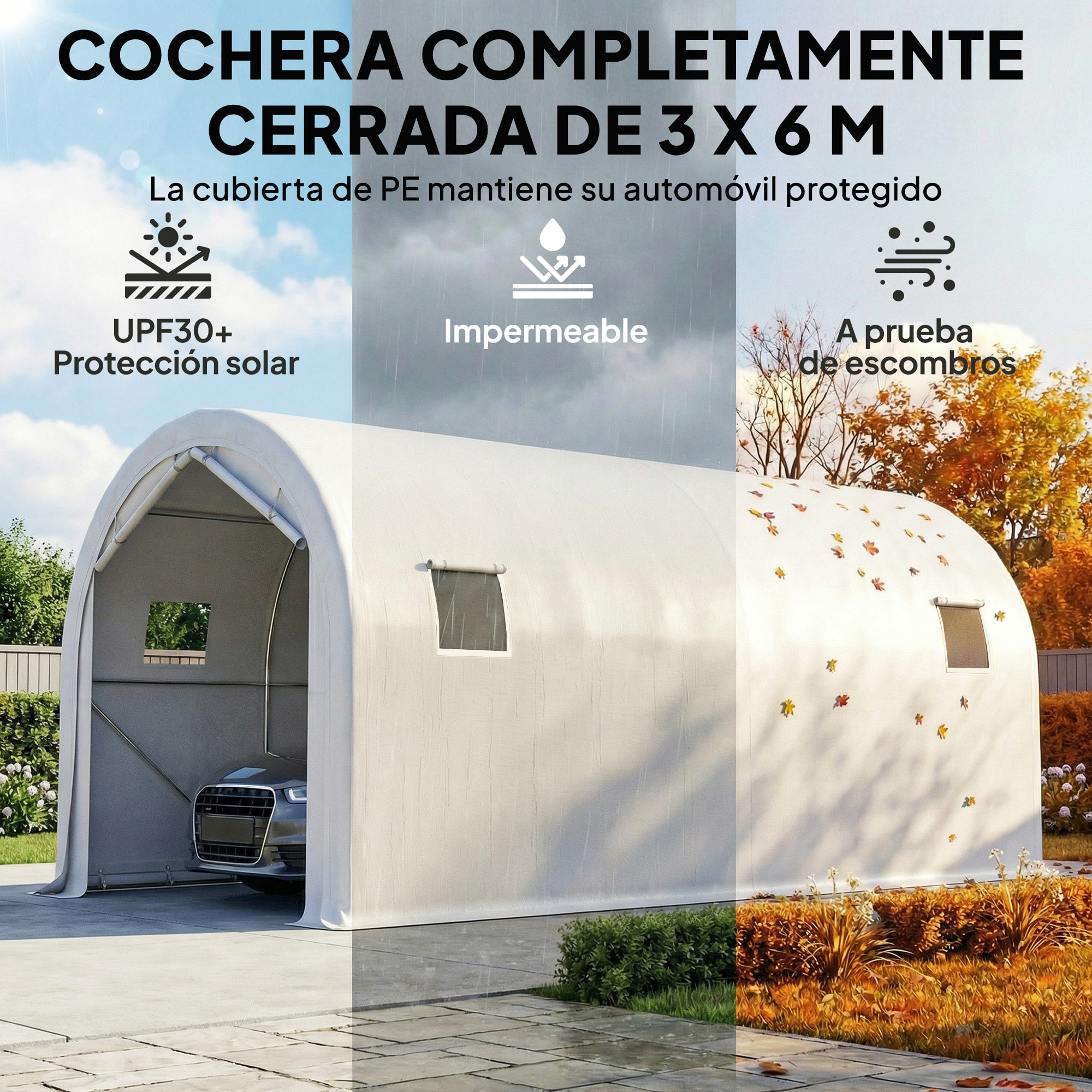 Carpa Garaje Portátil 3x6 m, Garaje Exterior para Coche Impermeable con Puerta Enrollable con Cremalleras y 4 Ventanas, Marco Metal Galvanizado, UPF 30+, Cobertizo de Almacenamiento, Blanco