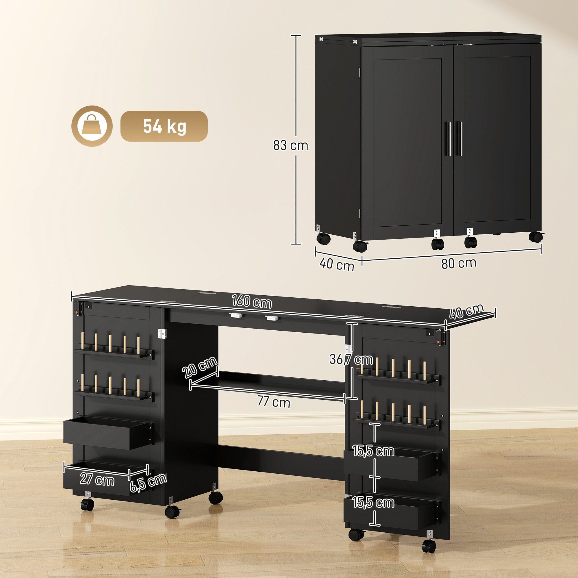 Table de couture pliable sur roulettes - 4 bacs, 20 porte-bobines, étagère - noir