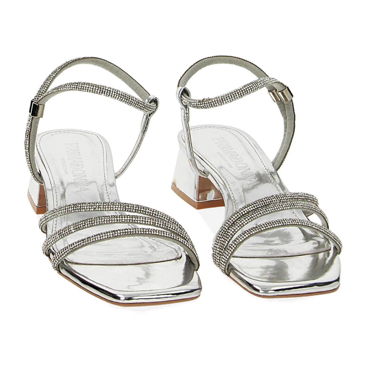 Sandalo donna argento a specchio, tacco 3,5 cm