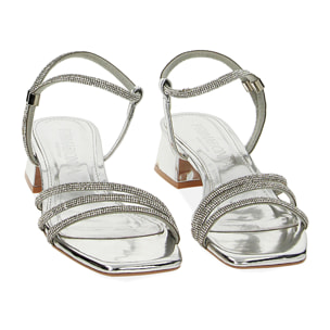 Sandalo donna argento a specchio, tacco 3,5 cm