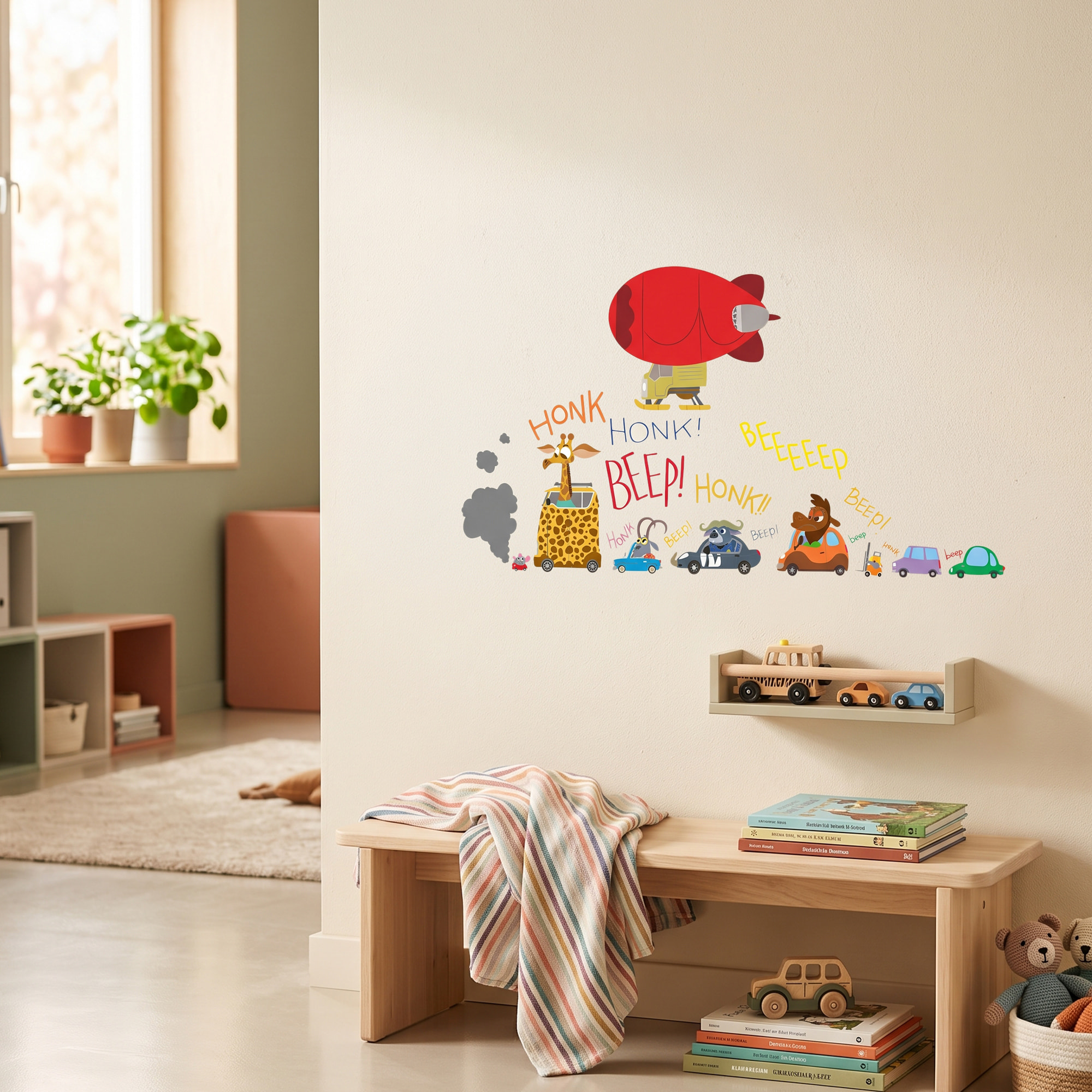 Stickers Muraux décoration adhésifs embouteillage et dirigeable avec animaux rigolos