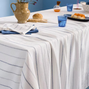 Nappe pur coton lavé motif jacquard blanc bleu Rimini blu