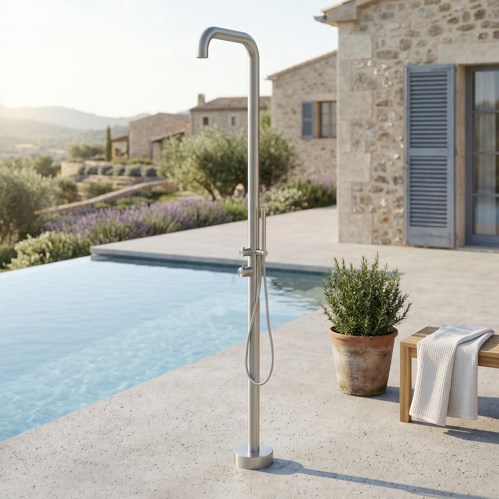 Douche extérieure inox 316L, eau chaude/froide, douchette à main, inox brossé (TS1013)