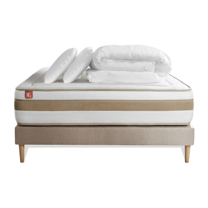 Pack Matelas Le Raffiné - 26cm - Ressorts ensachés et mémoire de forme - Confort haut de gamme, impact réduit. - Sommier kit Beige - Avec couette et oreillers