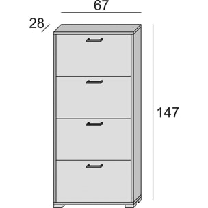 Scarpiera Rosa, Mobile multiuso da ingresso con 4 ante a ribalta, Armadietto portascarpe a doppia profondità, 100% Made in Italy, Cm 67x28h147, Bianco e Rovere