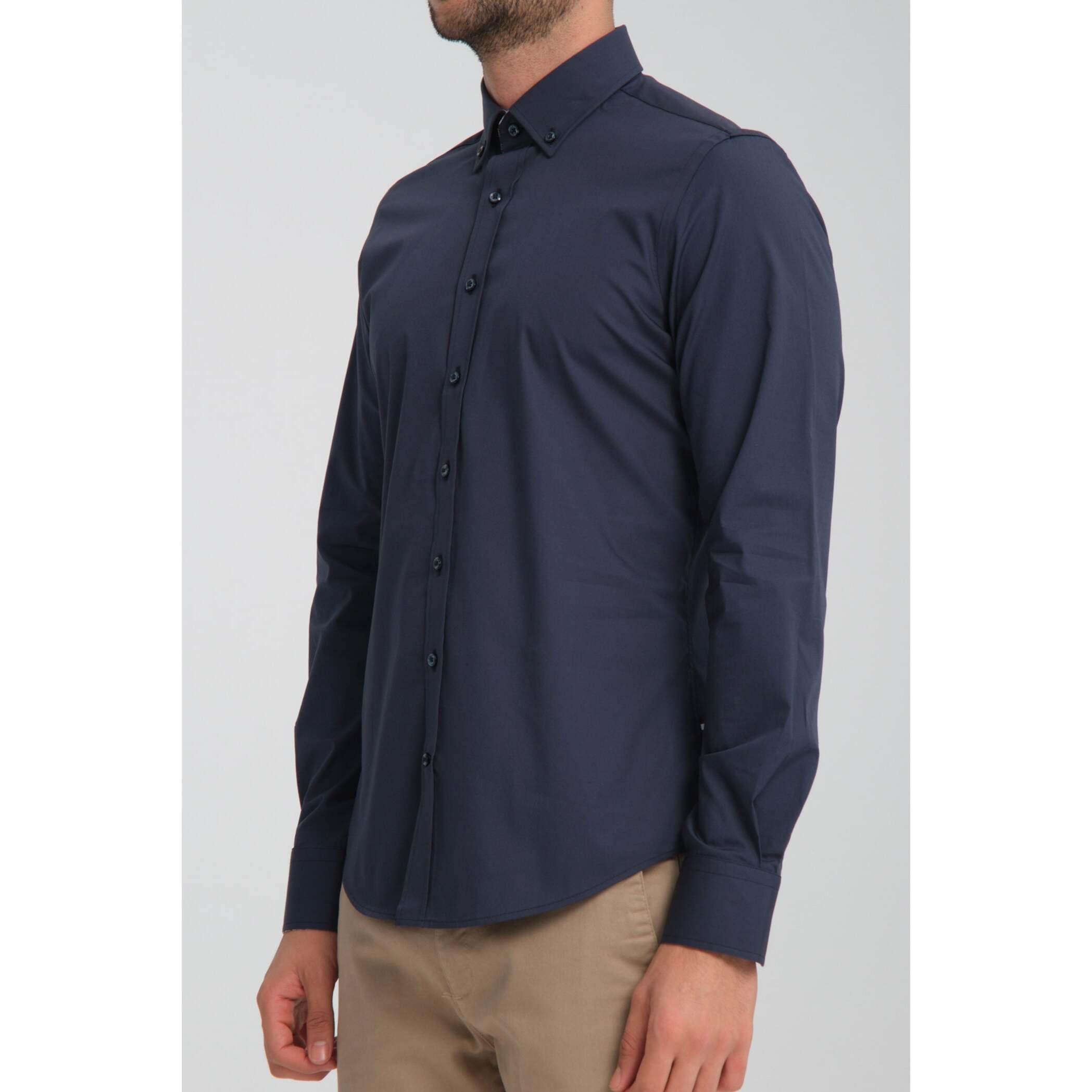 camicia uomo 1 bottone button down slim Popeline Stretch Unito Blu