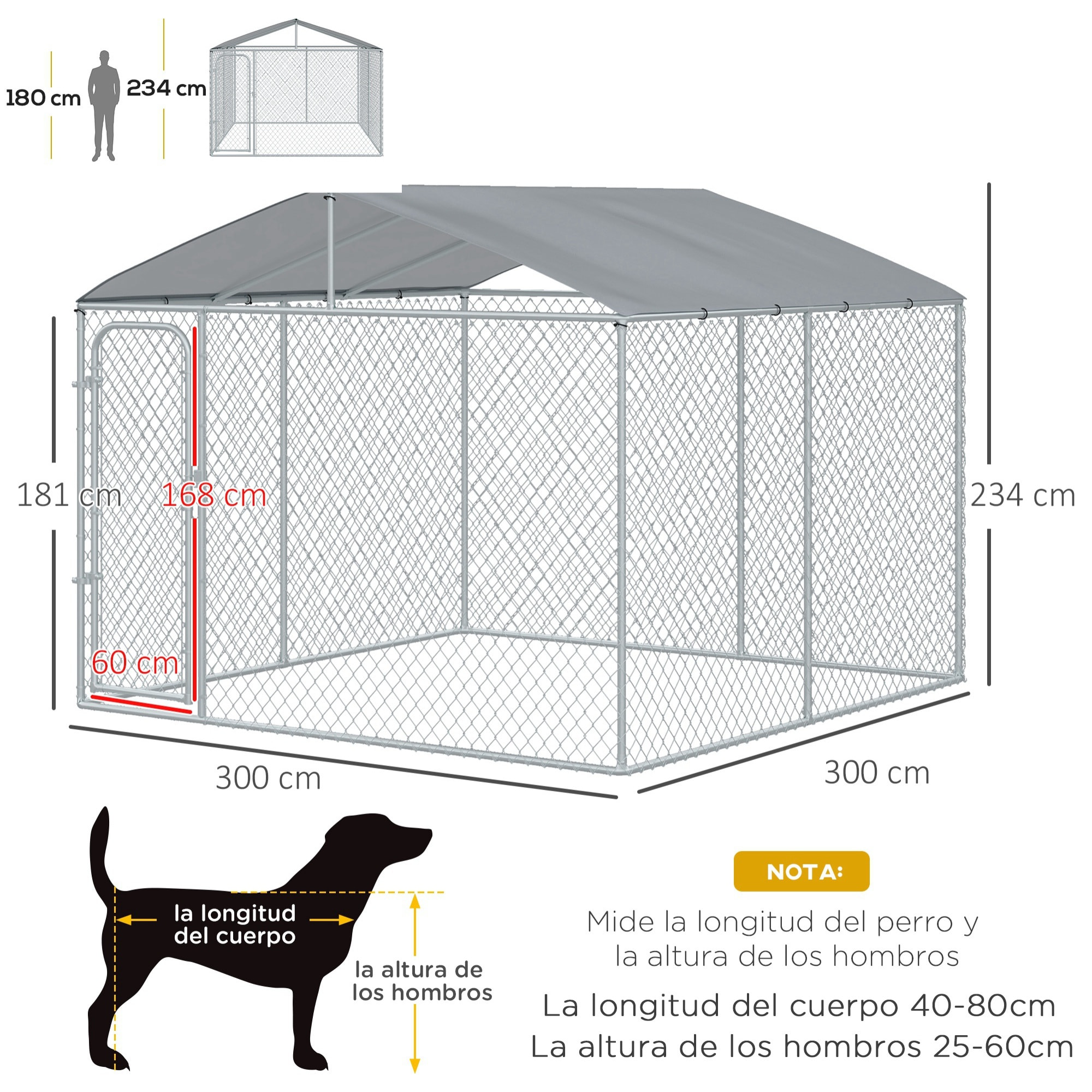 Perrera de Exterior con Toldo Jaula para Perros con 1 Puerta Anti-UV Impermeable y Marco de Acero para Jardín Patio 300x300x234 cm Plata