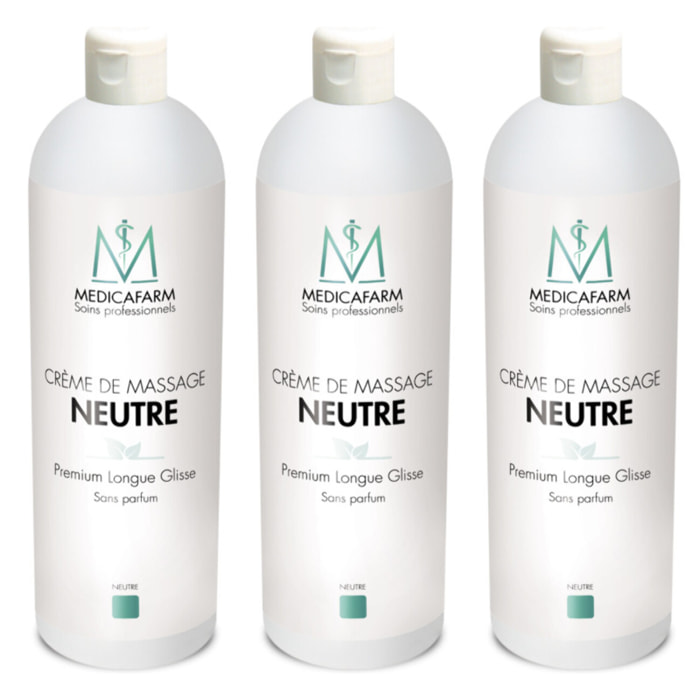 MEDICAFARM - Crème de Massage Neutre - Premium Longue Glisse - Permet une bonne préhension musculaire - Augmente la glisse des gels de soin actifs - Sans parfum - Flacon de 1L