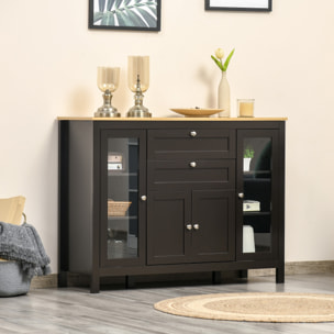 Buffet style classique chic multi-rangement 2 portes 2 étagères réglables 2 tiroirs coulissants placard 2 portes MDF noir plateau aspect bois clair
