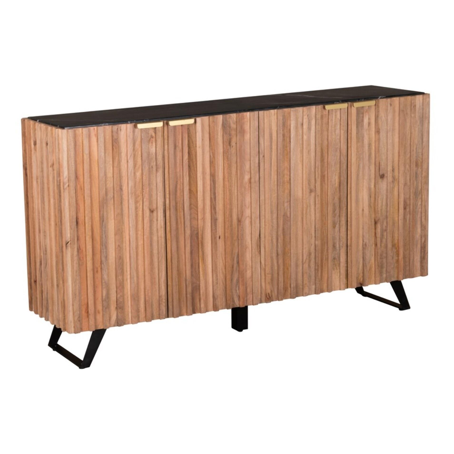 Credenza in legno di mango con maniglie e top in marmo scuro 164x42x90 cm