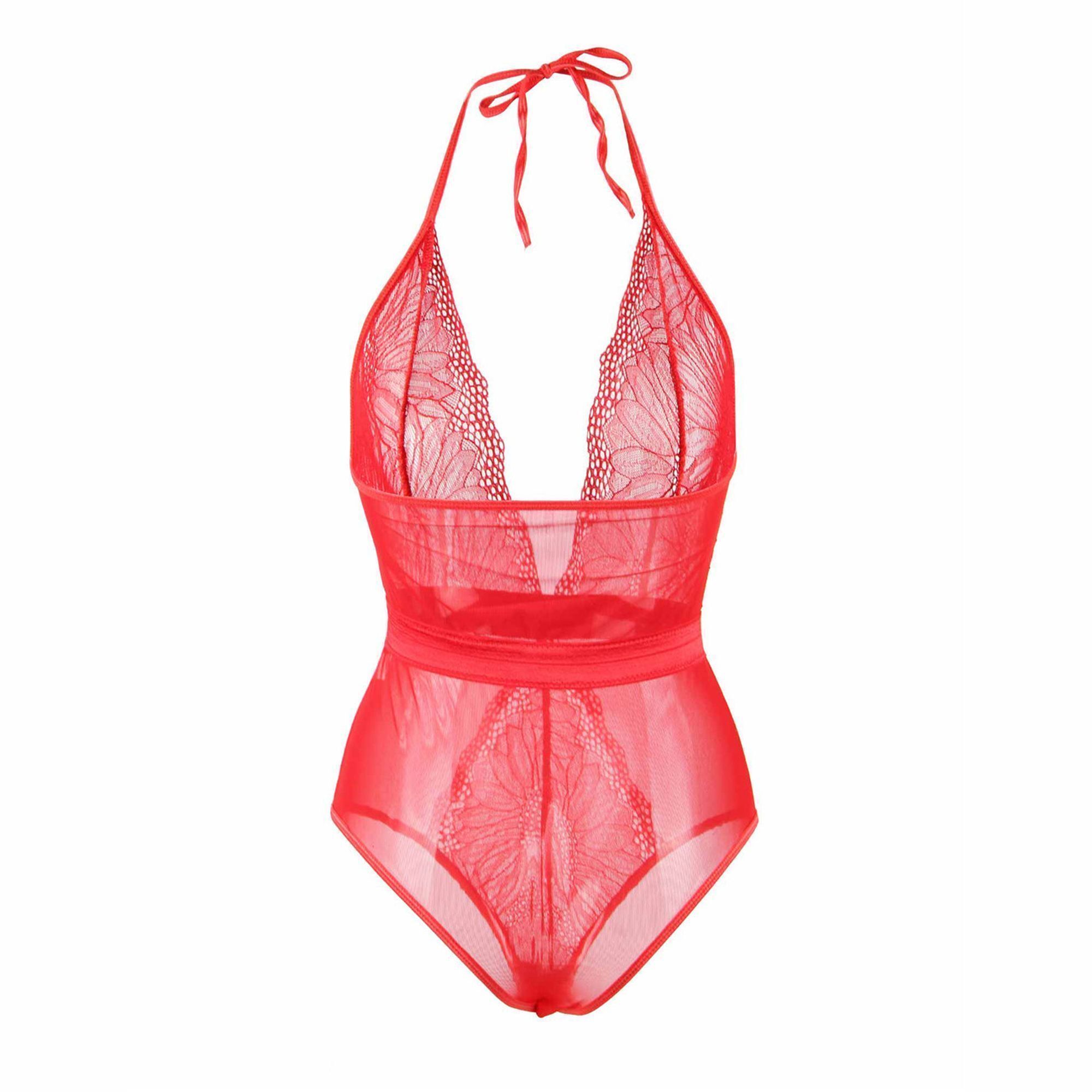 Body con escote en v profundo y encaje rojo