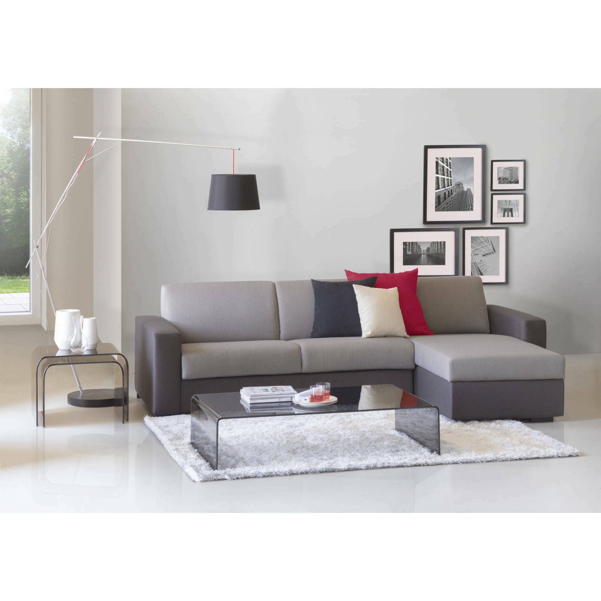 Divano Letto Alisea, Divano ad angolo, 100% Made in Italy, Sofà con apertura girevole, con Penisola contenitore reversibile, con Braccioli slim, Cm 260x95h90, Grigio e Antracite