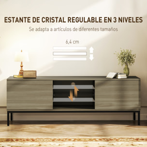 Mueble de TV Moderno Mueble de TV para Salón con 2 Compartimentos Abiertos 2 Puertas Estante de Cristal Ajustable y 2 Orificios para Cables para Televisión hasta 60 Pulgadas 140x40x49,5 cm Gris