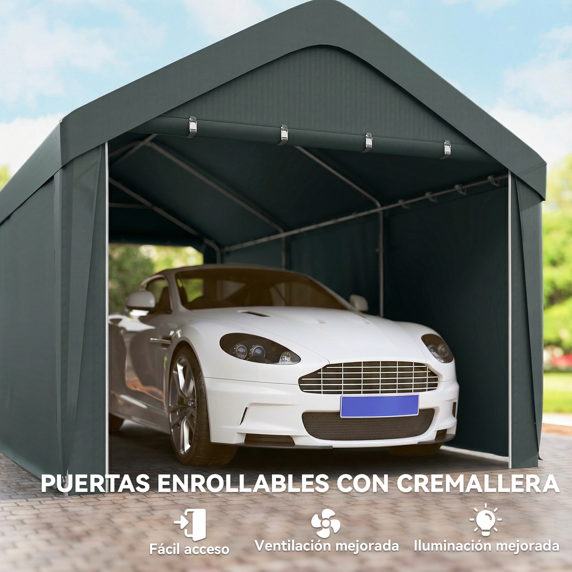 Carpa Garaje Portátil 3x6 m, Garaje Exterior para Coche Impermeable con Paredes Laterales Desmontables, Anti-UV, 2 Puertas Enrollables, Cobertizo para Herramientas de Jardín, Gris Oscuro