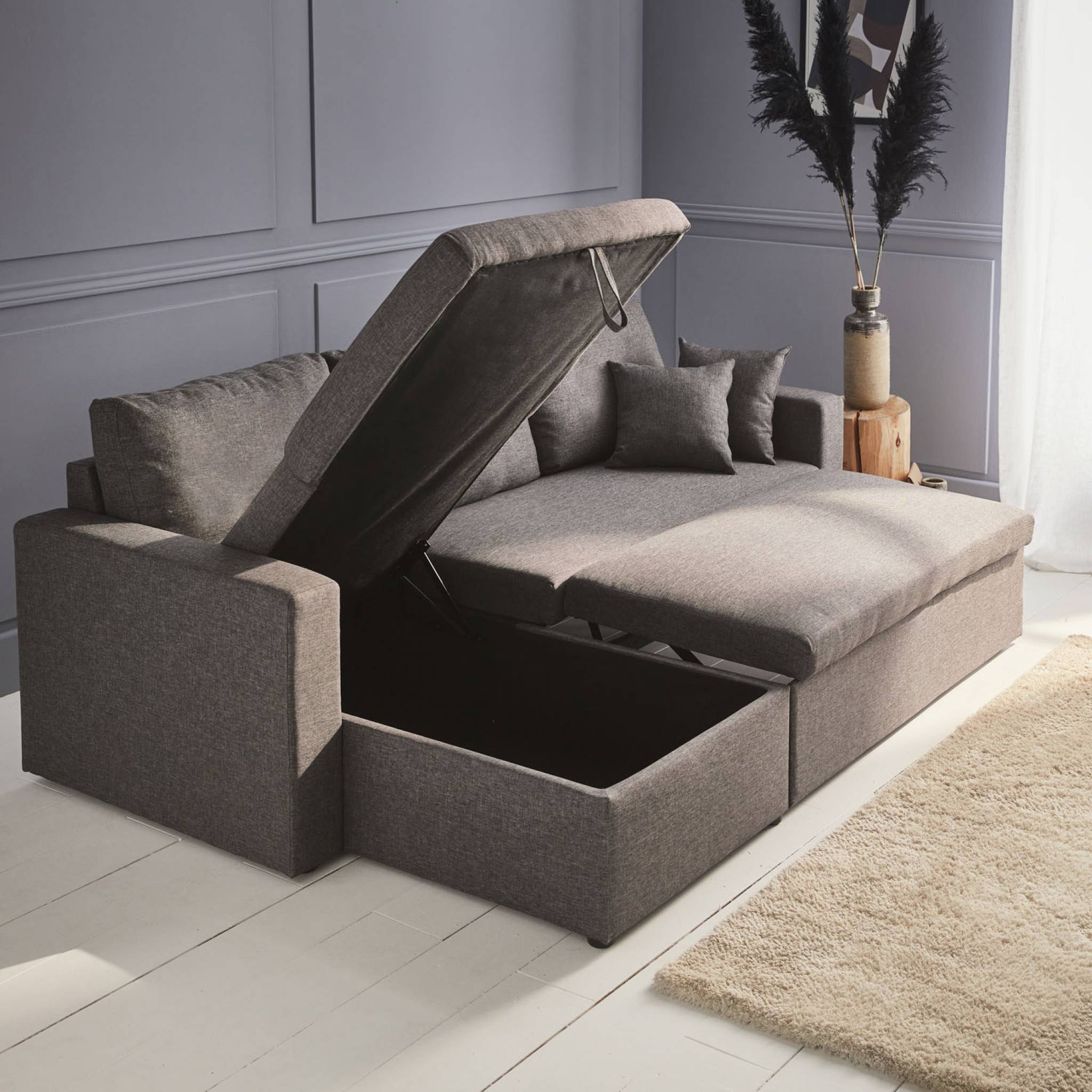 Canapé d'angle convertible en tissu gris chiné foncé - IDA - 3 places. fauteuil d'angle réversible coffre rangement lit modulable