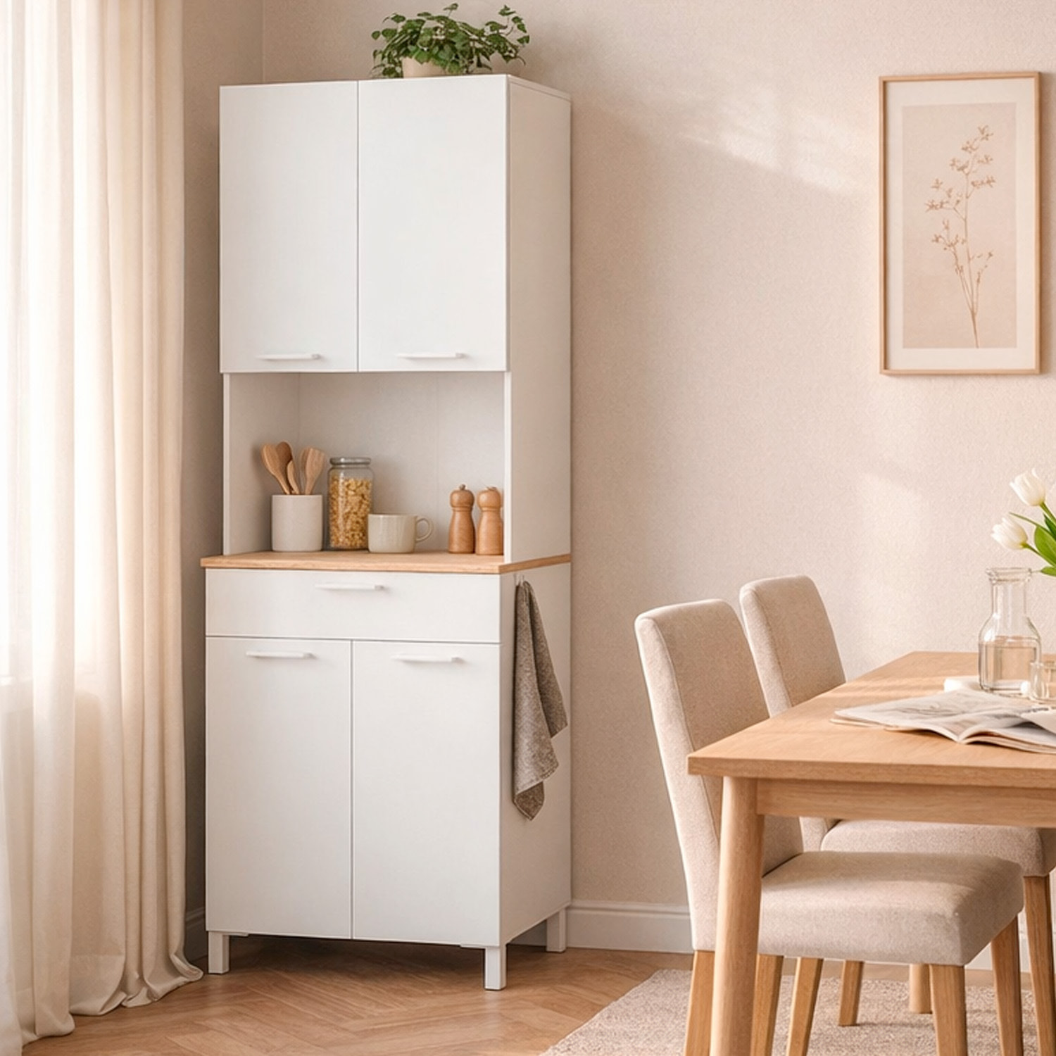 Mobile Ausiliario Da Cucina Mobiletto Con Vano Microonde Credenza Alta con 4 Ante e 1 Cassetto Madia Dispensa 186 x 72 x 40 Cm Bianco E Rovere