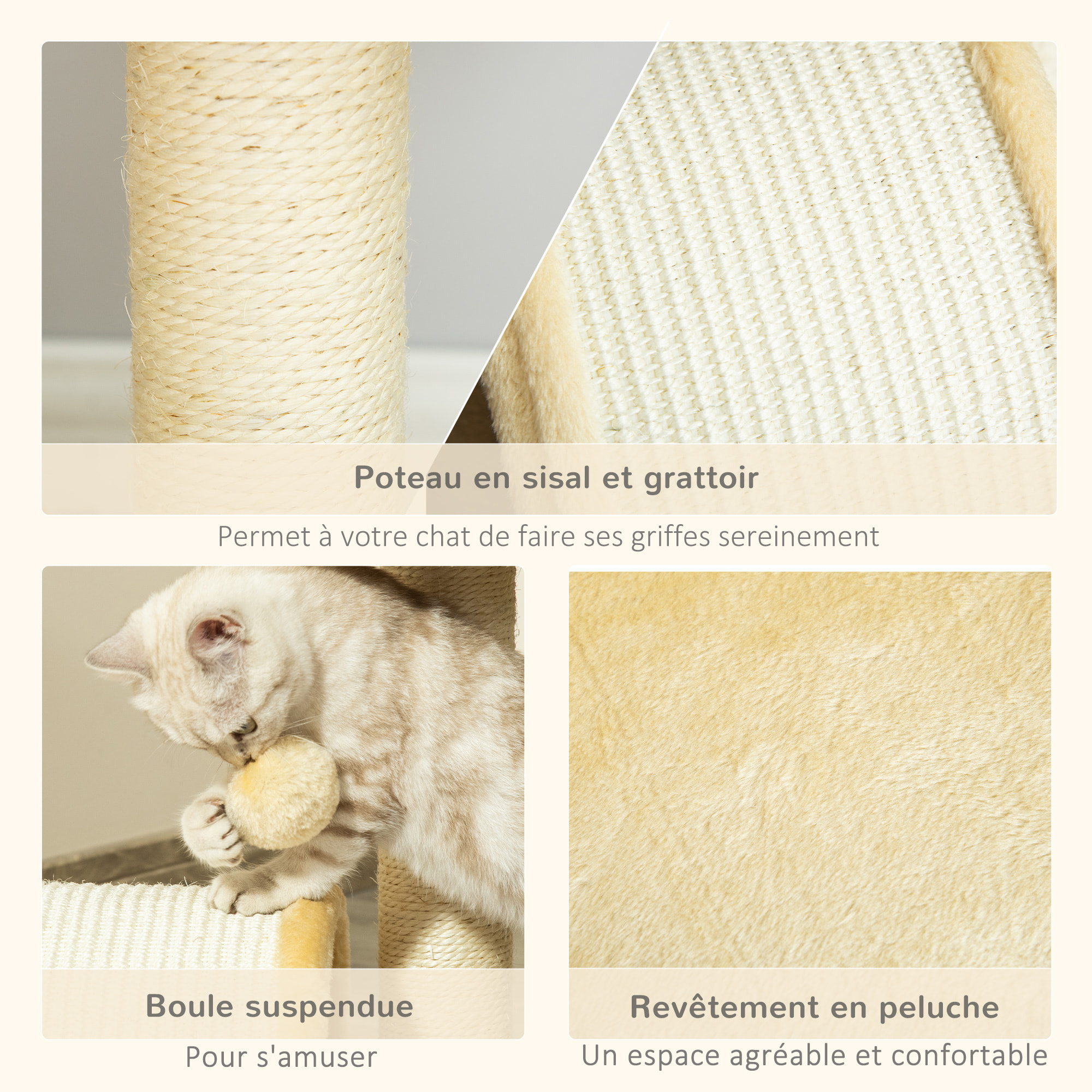 Arbre à chat griffoir grattoir design jeu boule suspendue + plateforme peluche sisal naturel beige