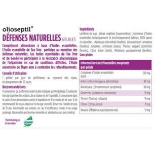 OLIOSEPTIL - Gélules Défenses Naturelles - Association de 6 Huiles Essentielles Pures et Chémotypées en Gélules Végétales L-Vcaps® - Dès 15 Ans - Stimule les Défense Naturelles - 30 Gélules