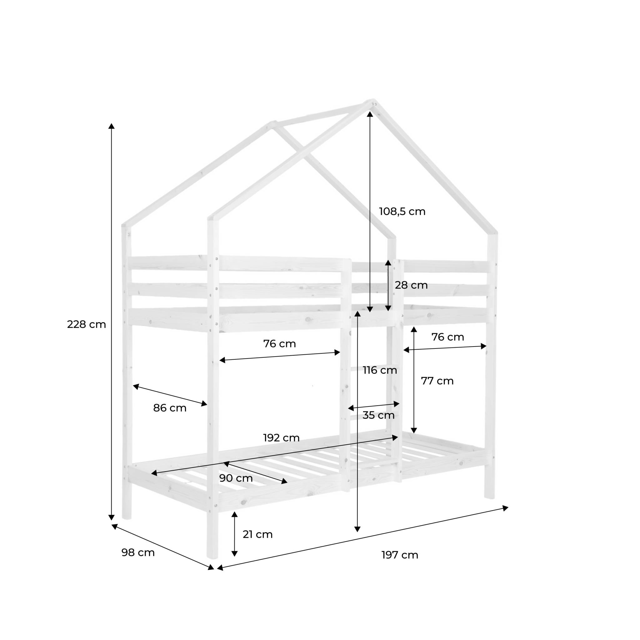 Lit enfant superposé cabane 90 x 190 cm pin naturel ROYA