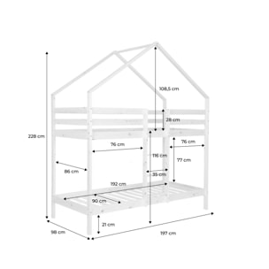 Lit enfant superposé cabane 90 x 190 cm pin naturel ROYA