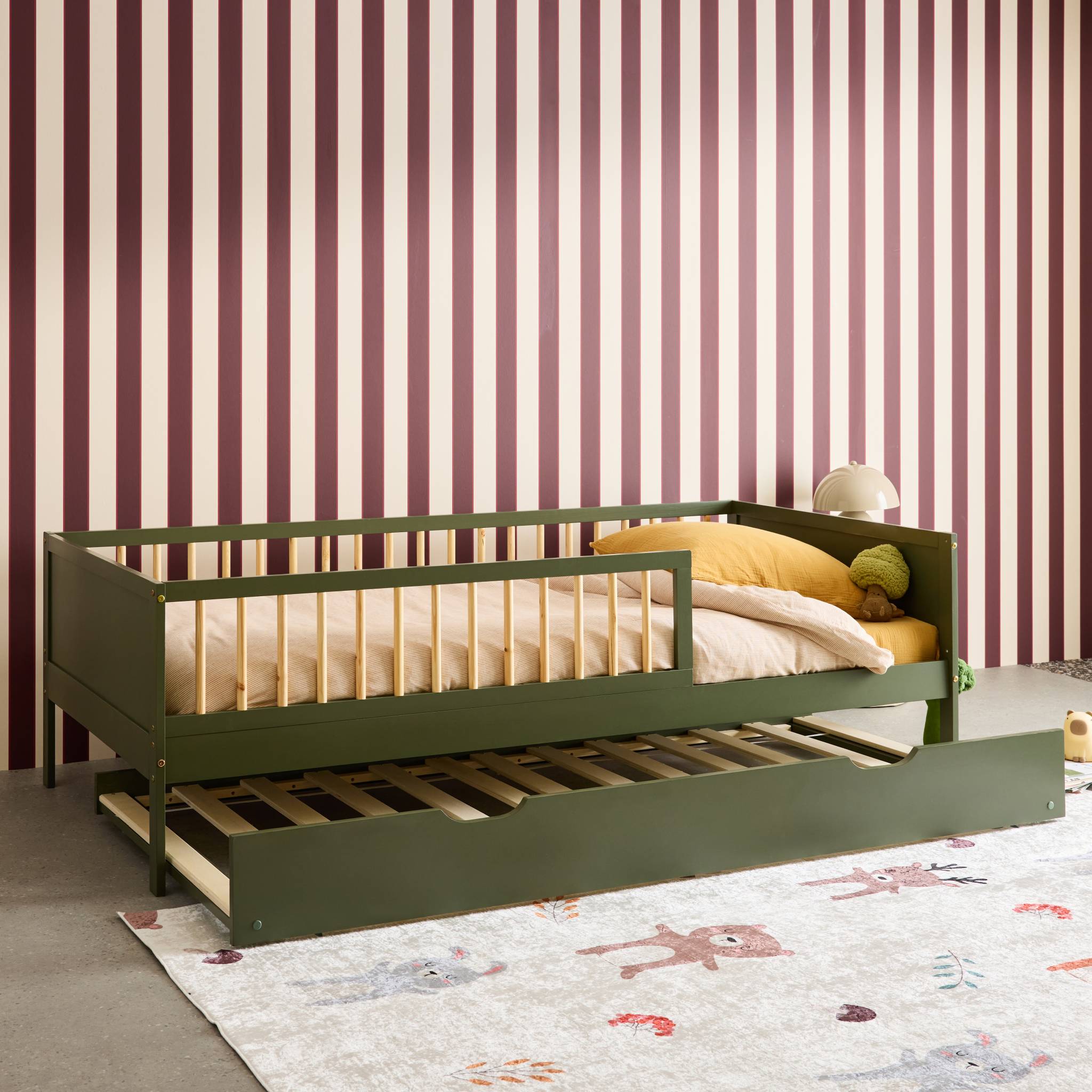 Lit gigogne enfant 90 x 190 cm pin naturel  avec sommier à lattes et tiroir ELIO