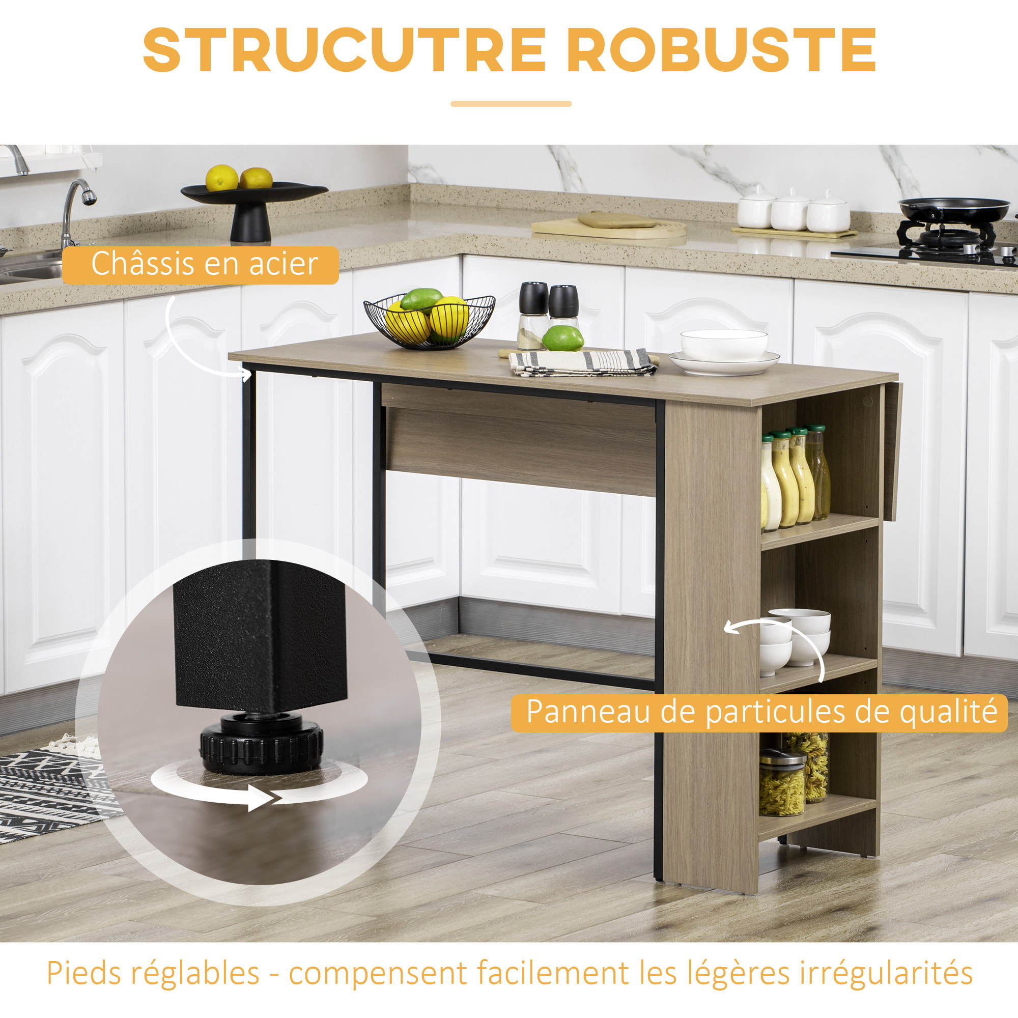 Table de bar extensible design industriel - 3 étagères intégrées - châssis métal noir aspect bois gris
