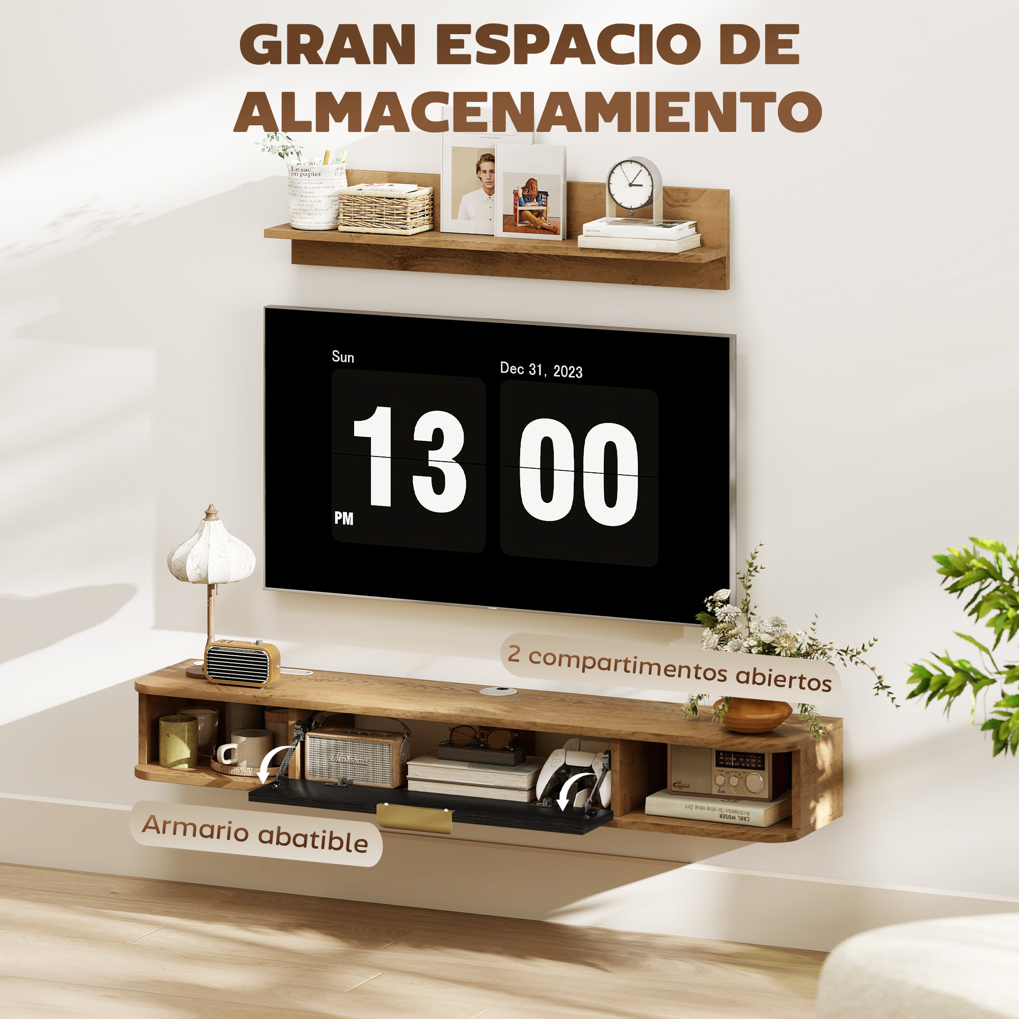 Conjunto de Muebles de Salón, Muebles de TV con Estante de Pared, Puerta, Estantes Abiertos, Orificios para Cables, para Televisión de Pared, 120x24x16 cm, Roble