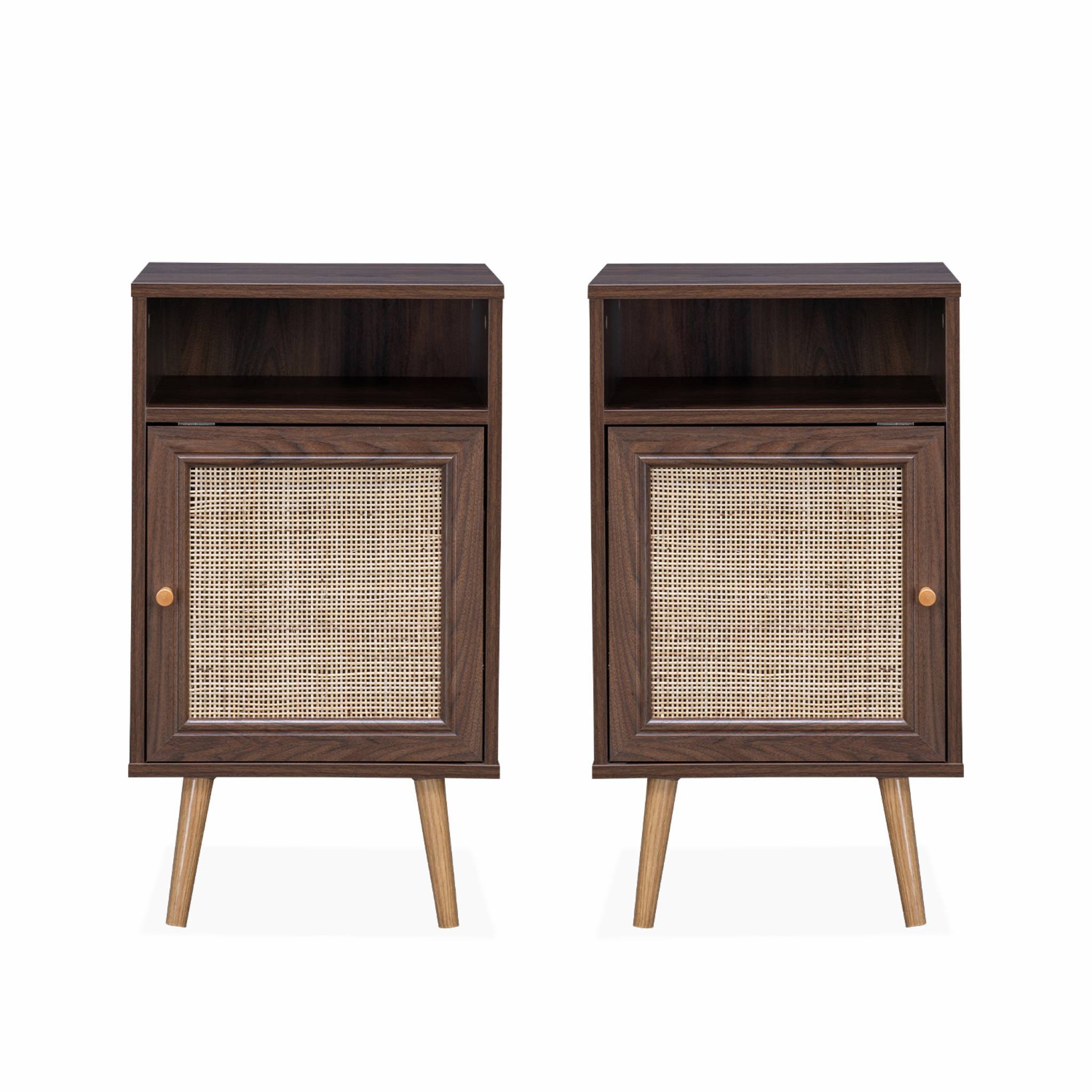 Lot de 2 tables de chevet en cannage - Bohème - 40x39x70cm couleur bois foncé  - 2 niveaux - 1 portes - 1 espace de rangement - pieds scandinaves