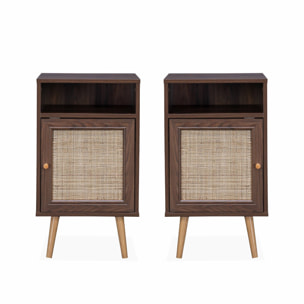 Lot de 2 tables de chevet en cannage - Bohème - 40x39x70cm couleur bois foncé  - 2 niveaux - 1 portes - 1 espace de rangement - pieds scandinaves