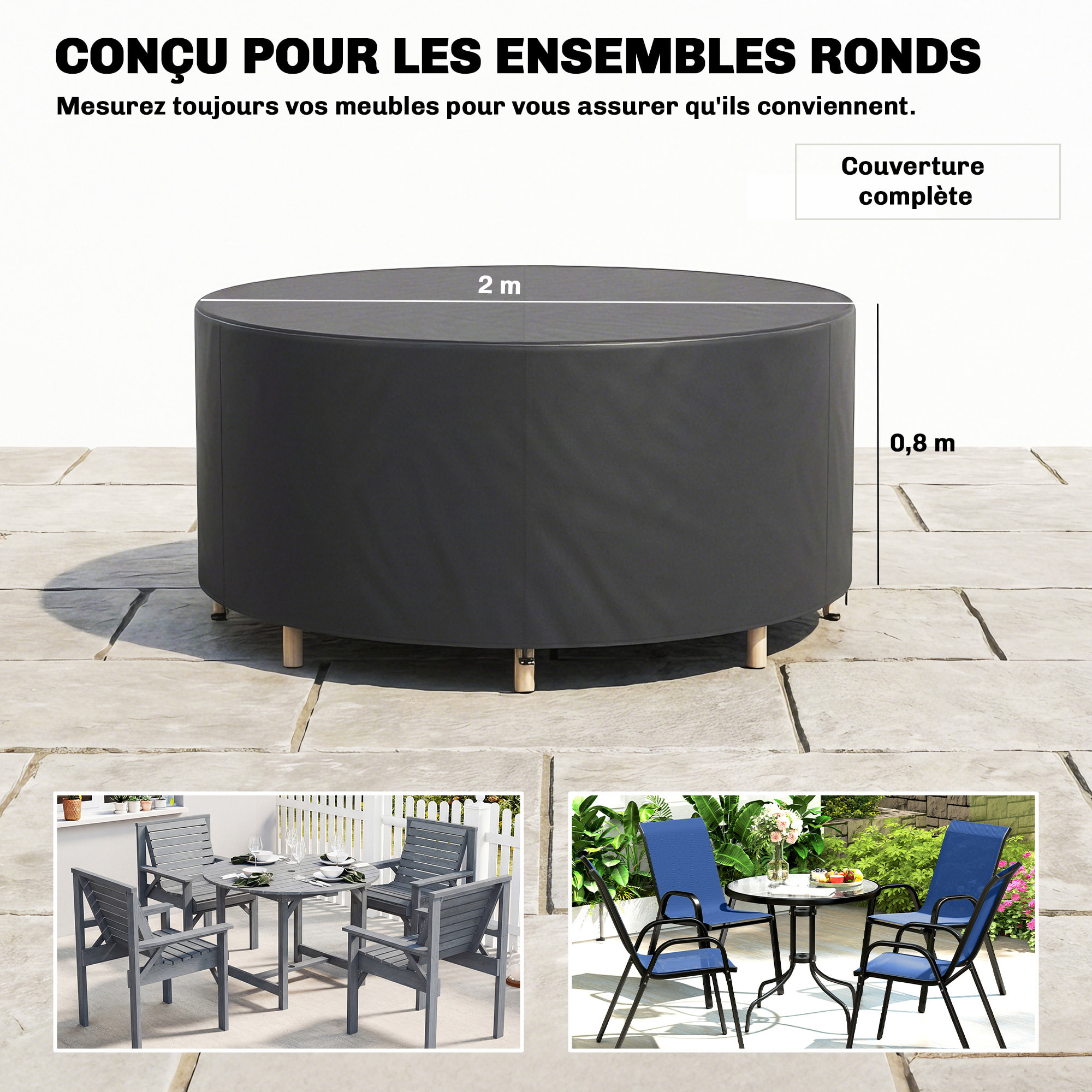 Housse meuble de jardin imperméable Oxford haute densité 420D dia.200 x H.80 cm noir