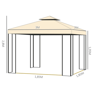 Cenador de Jardín 3x3x2,72 m Gazebo Carpas para Exterior Grandes con Doble Techo Mosquiteras y Marco de Acero para Patio Fiesta Beige