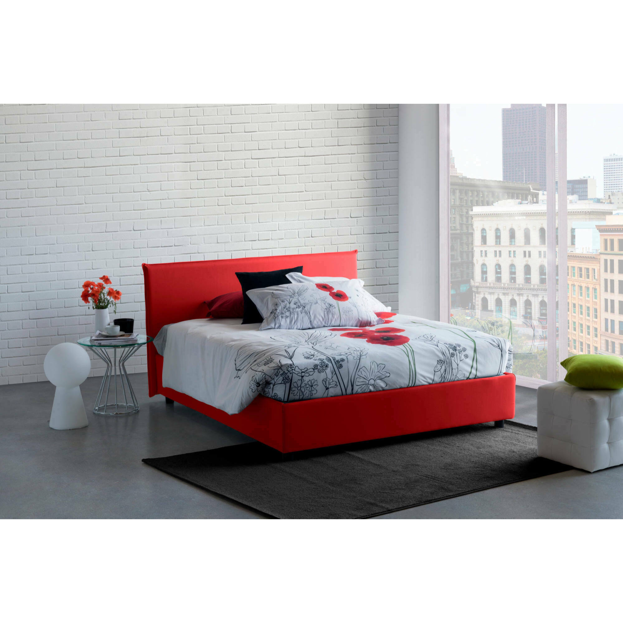 Letto matrimoniale Brenda, Letto contenitore con rivestimento in tessuto, 100% Made in Italy, Apertura frontale, con materasso Cm 160x200 incluso, Rosso