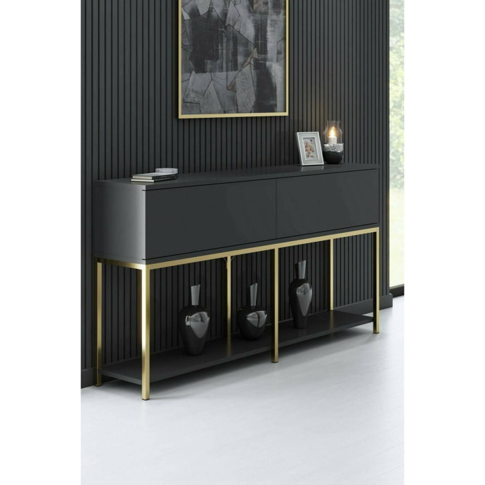 Credenza Djimsit, Buffet da soggiorno, Madia da salotto, Dispensa da cucina, 150x30h80 cm, Antracite e Oro