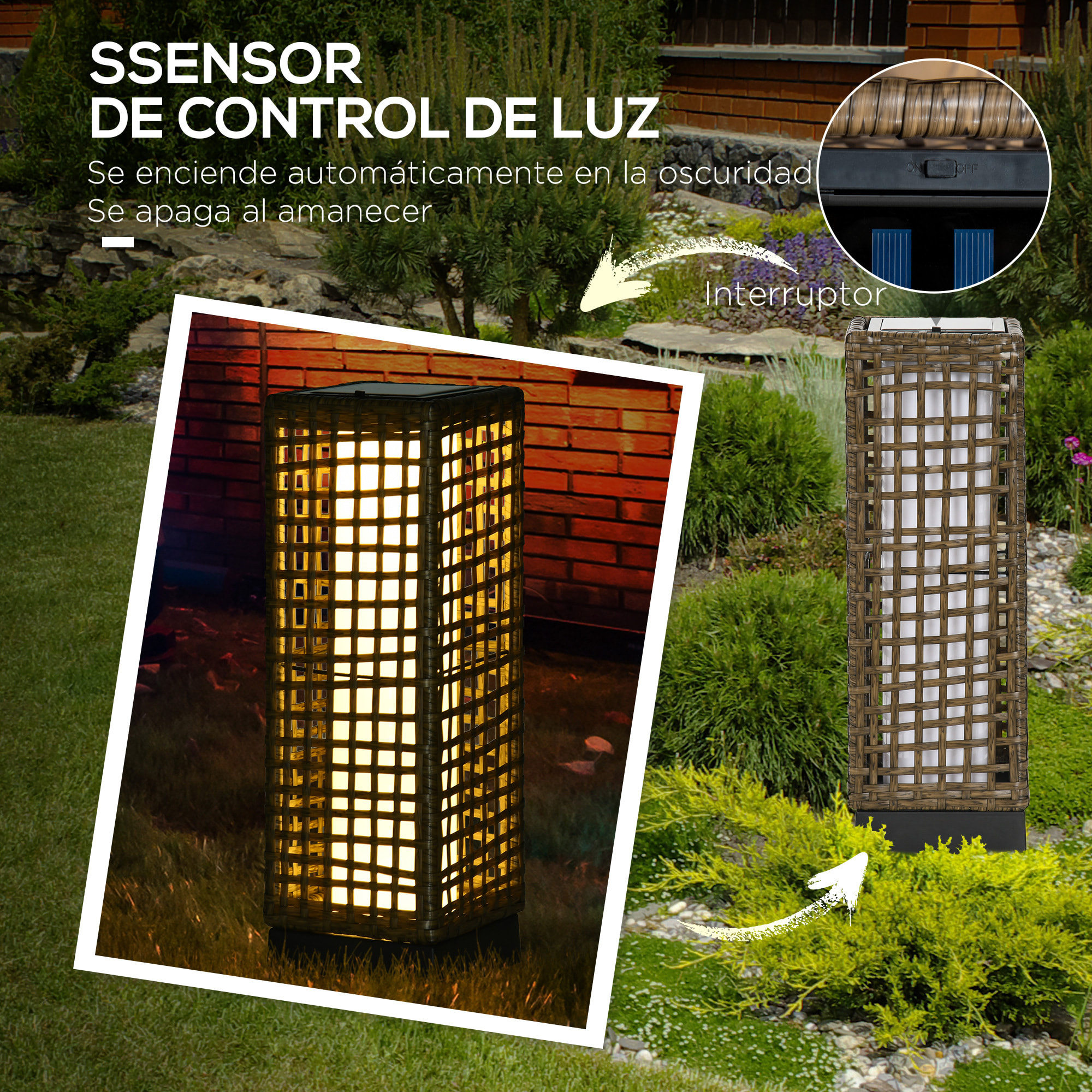 Linterna de Jardín de Ratán Sintético Farola Solar con Luces LED Encendido y Apagado Automático para Terraza Balcón Patio 15,5x15,5x46 cm Arena