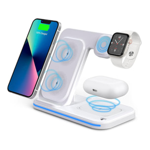 DAM Base de carga inalámbrica plegable 3 en 1. Base Qi 15W doble posición, cargador de Apple Watch y base Qi. Con luz ambiental. Función stand. 15x8,5x11 Cm. Color: Blanco