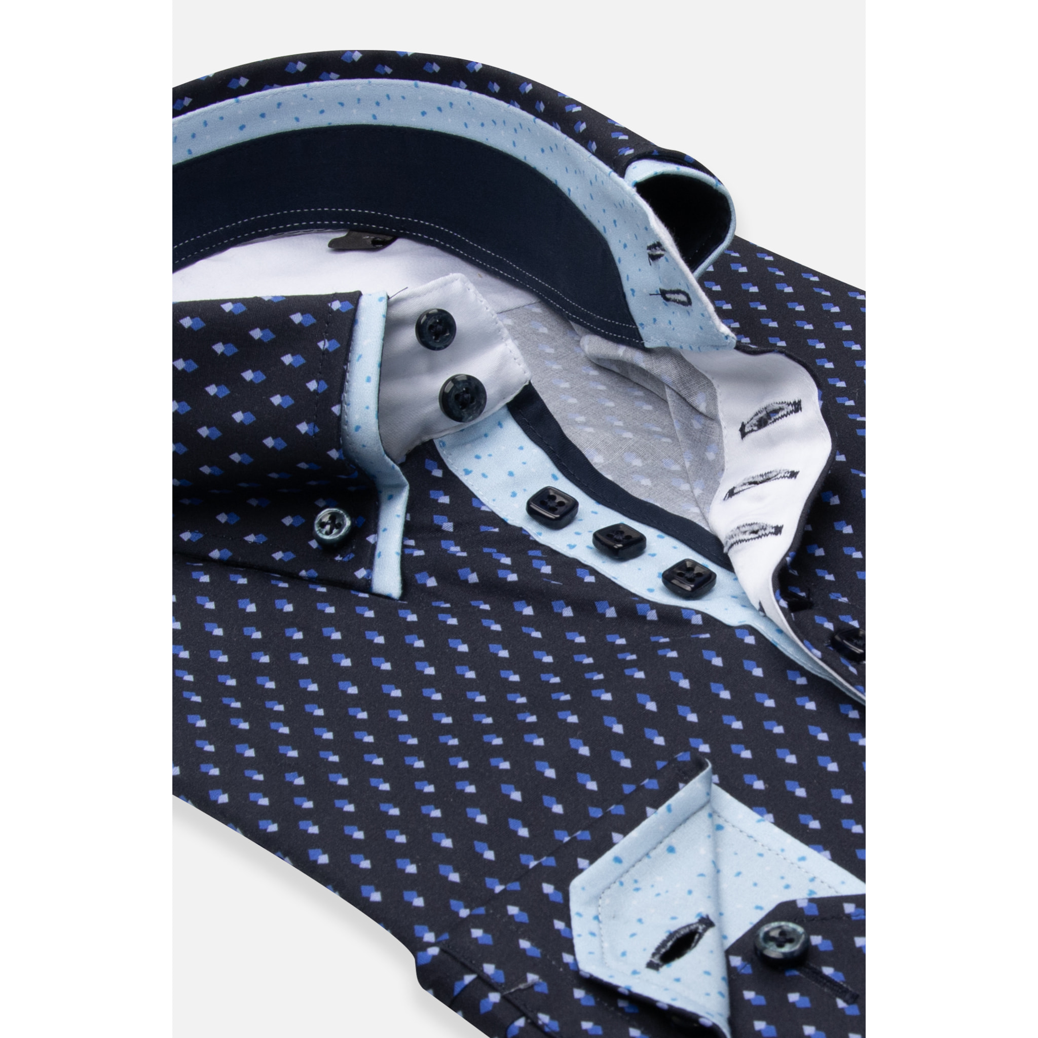 Camicia Uomo 2 Bottoni Button Down 7bottoni Doppio Coll Popeline Stretch Stampato Blu/Turchese