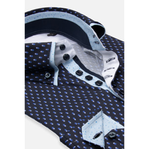 Camicia Uomo 2 Bottoni Button Down 7bottoni Doppio Coll Popeline Stretch Stampato Blu/Turchese