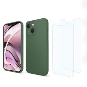 Coque iPhone 13 Silicone liquide Vert Foret + 2 Vitres en Verre trempé Protection écran Antichocs