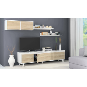 Parete attrezzata Orlando, Mobile da soggiorno porta TV, Composizione per salotto con pensile e mensola, cm 200x50h41, Bianco e Rovere