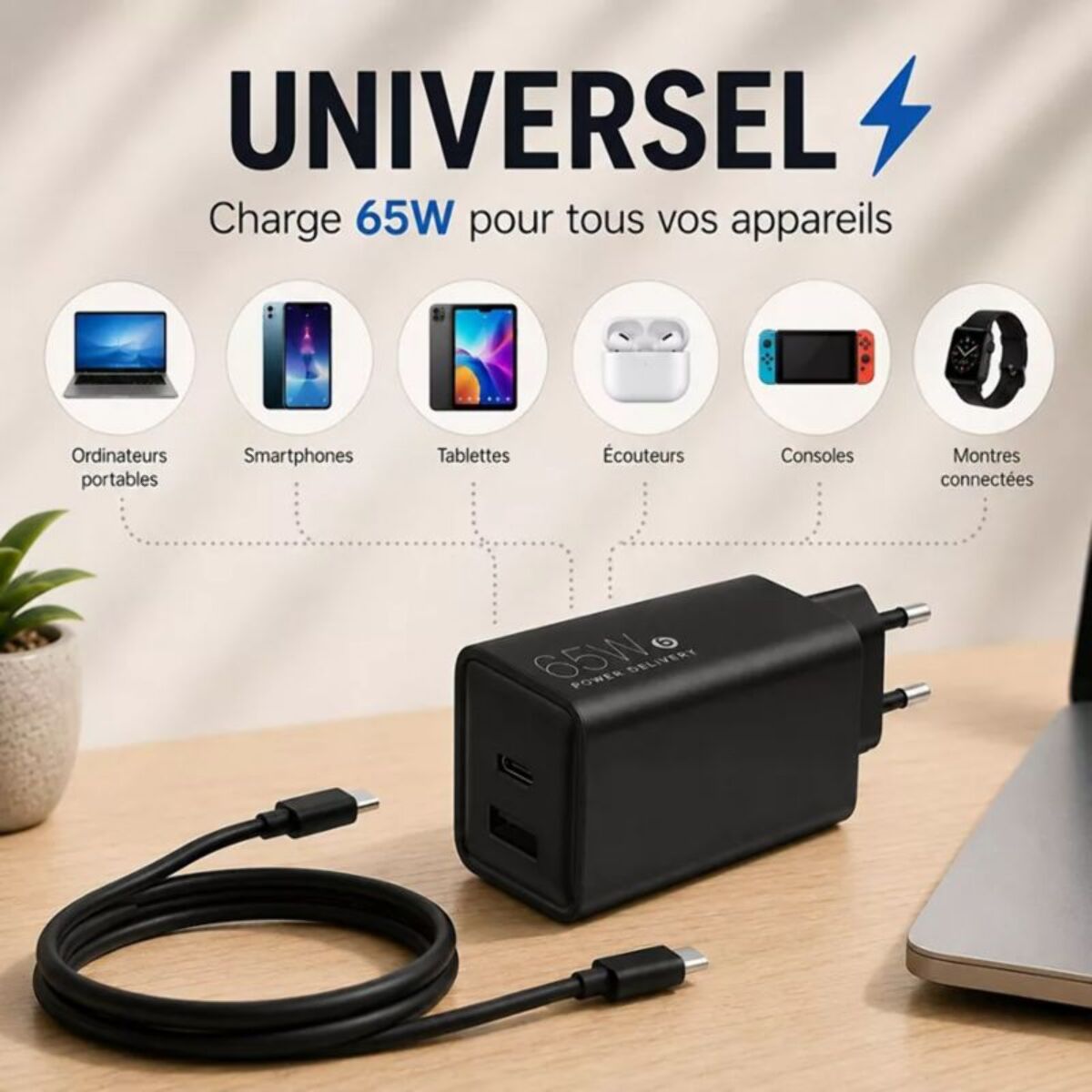 Chargeur ordinateur portable ESSENTIELB 65W USB-A + USB-C + cable USB-C 2M Noir