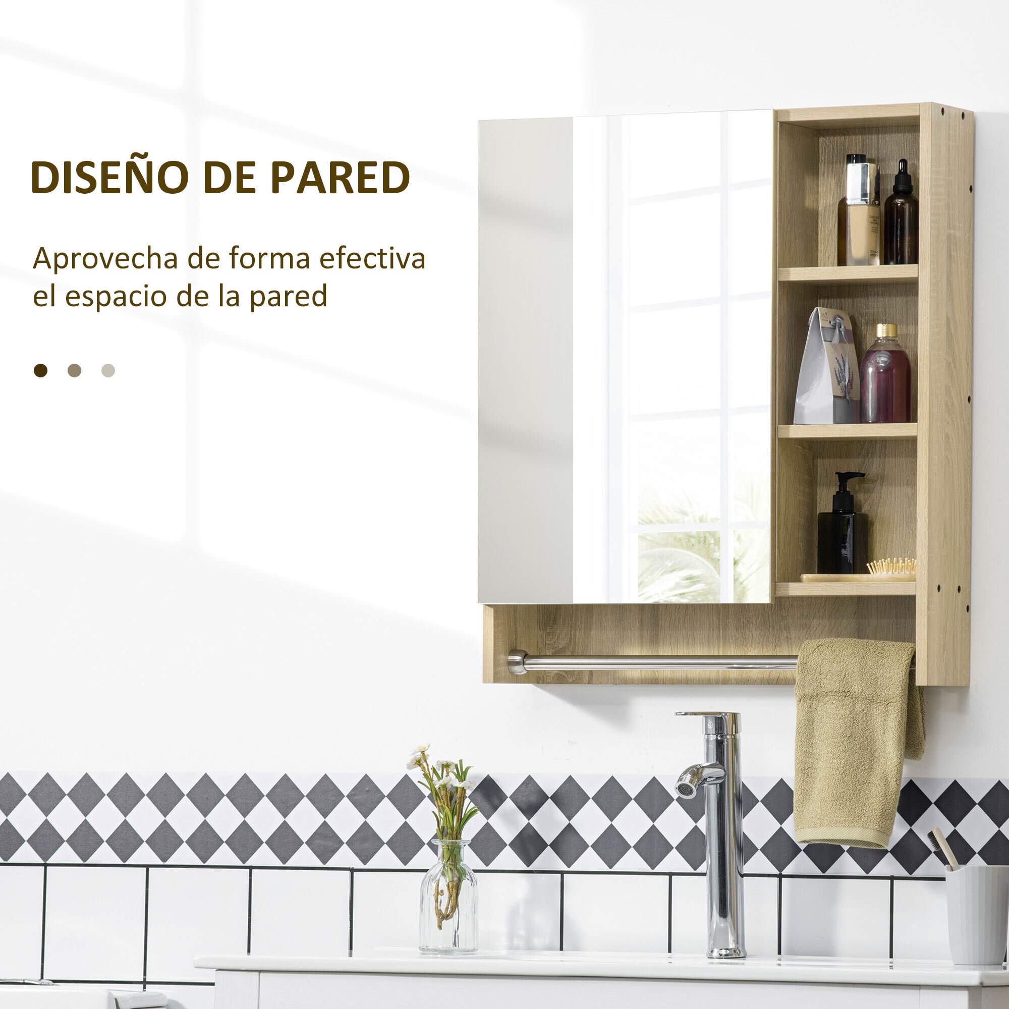 Armario de Baño con Espejo Armario de Pared con 1 Puerta Estante Ajustable Toallero y Compartimento Mueble de Baño Colgante para Salón 60x15x70 cm Roble
