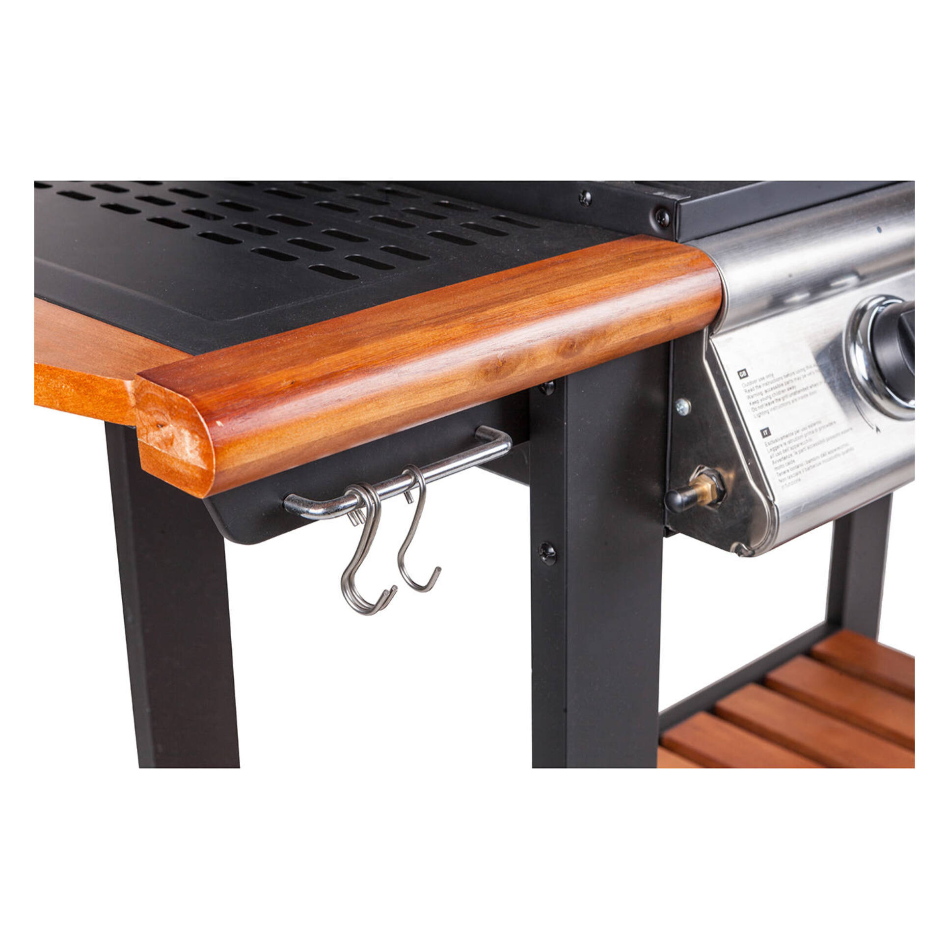 Barbecue a gas 4 bruciatori, in metallo e ripiani in legno, cm144 x 56 x h106