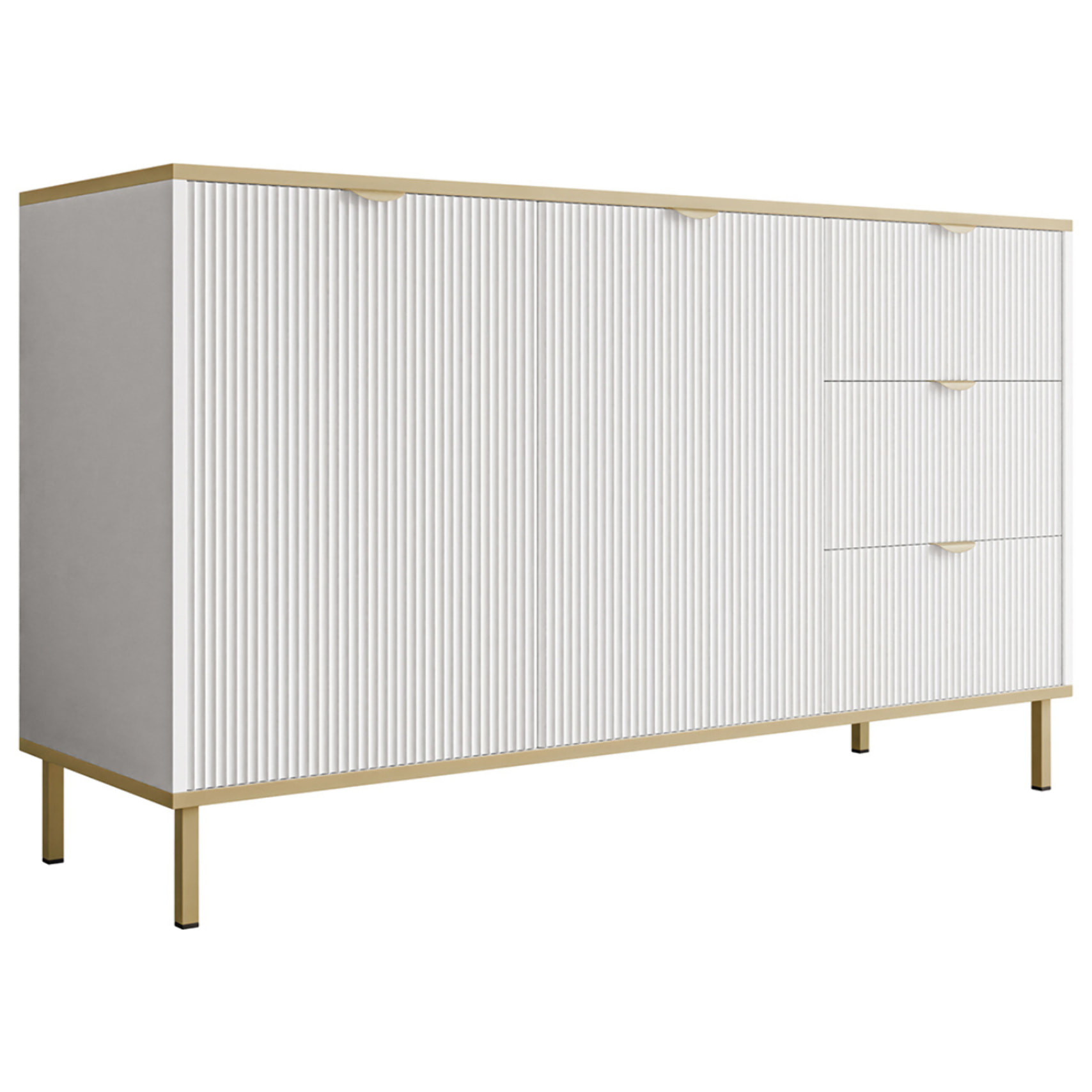 Hope - buffet bas 135 cm - 3 tiroirs et 2 portes - Blanc / Doré